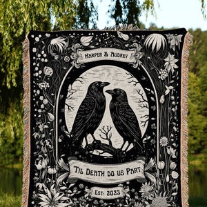 Crow Couple &#39;Til Death do us Part&#39; Blanket | Custom Goth Couples Romantic Gift Tapestry Personalized Name Blanket Anniversary Gift Gothic |