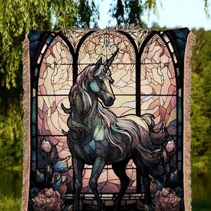 Stained Glass Unicorn Tapestry Woven Blanket | Decor Vintage Unicorn Wall Art Ethereal Tapestry | Magical Unicorn Room Decor Mystical Art |