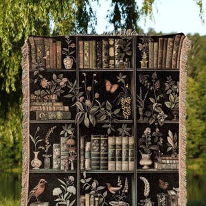 Dark Academia Bookshelf Blanket | Gift For Reader Eclectic Cat Person Tapestry Boho Room Decor Dark Botanical Woven Wall Art Cottagegoth |