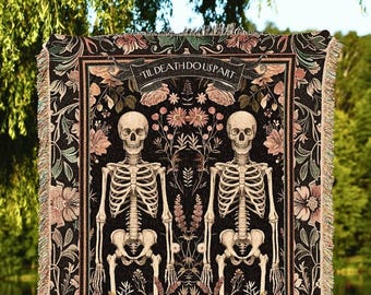 Floral Skeleton Couple 'Til Death Do Us Part' Tapestry | Gothic Wedding Custom Woven Blanket Wedding Anniversary Gift Personalized Skeletons