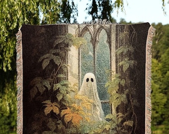 Haunted Ghost In Window Spooky Vibes | Fall Aesthetic Vintage Ghost Art Woven Tapestry Halloween Decor Dark Academia Wall Art Ghost Blanket