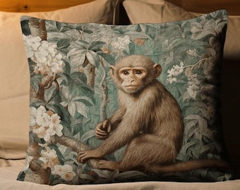 Floral Monkey Pillow Woven | Vintage William Morris Inspired Throw Pillow Aesthetic Mystical Tapestry Vintage Woven Victorian Fairycore Gift