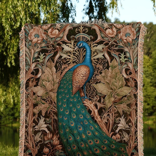 Folk Art Peacock Tapestry Woven | Woodland Maximalist Blanket Woven Tapestry William Morris Style Woodland Decor Dark Cottagecore Peacock |