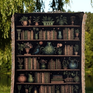 Bookshelf Tapestry Blanket | Woven Throw Blanket Goth Home Decor Dark Academia Book Lovers Gift Witchy Room Decor Vintage Book Lover Blanket