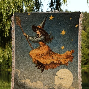 Broomstick Witch Tapestry Woven Blanket Halloween Retro Aesthetic | Witchy Room Decor Goth Aesthetic Halloween Spooky | Antique Halloween