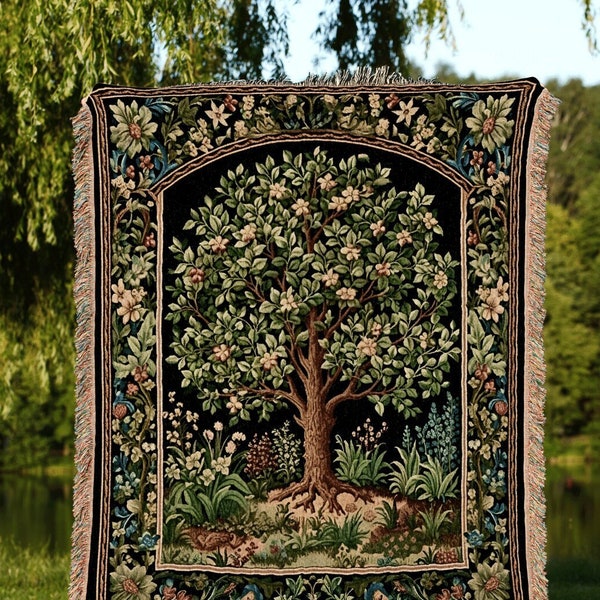 Tree of Life Woven Blanket | William Morris Inspired Throw Botanical Tapestry Medieval Aesthetic Nordic Tapestry Renaissance Room Decor |