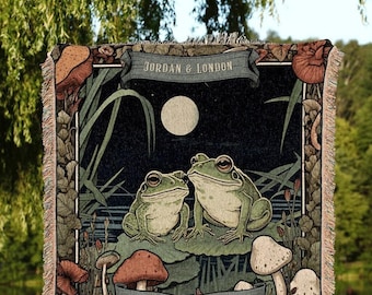 Cottagecore Frog Couple Blanket | Woodland Wedding Gift Funny Tapestry Woven Throw Vintage Frog & Toad Blanket Goblincore Custom Anniversary