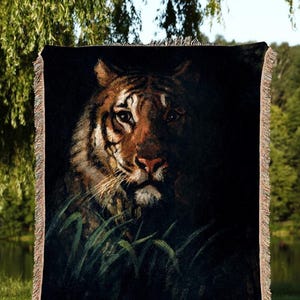 Tiger Painting Tapestry Woven Wall Hanging Gothic Art | Dark Academia Blanket Woven | Whimsigoth Room Decor Witchy Aesthetic Art Blanket |