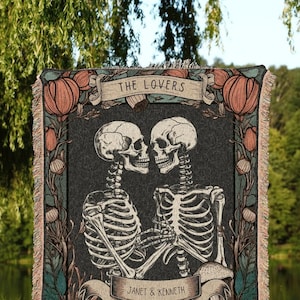 The Lovers Skeleton Woven Throw Blanket Custom Couple Anniversary Blanket, Custom Tarot Tapestry Gothic Wedding Gift His & Hers Name Blanket