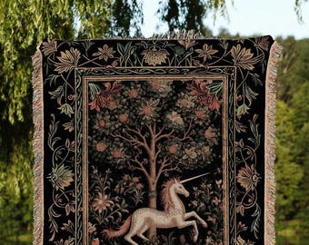 Medieval Unicorn Wall Tapestry | Whimsical Room Decor William Morris Inspired Cottagecore Aesthetic Fairycore Woven Blanket Magical Unicorn