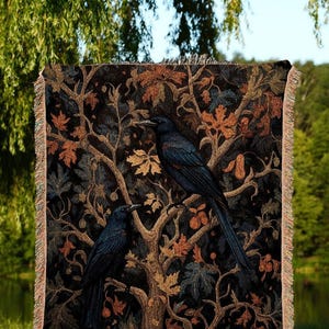 Gothic Room Decor Raven Tapestry Vintage Throw Blanket Woven | Crow Decor Dark Cottagecore Tapestry Woven Throw Blanket Whimsigoth Tapestry