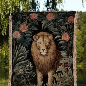 Vintage Gothic Lion Tapestry | Botanical Folk Art Blanket Woven Tapestry William Morris Throw Woodland Gothic Medieval Aesthetic Cottagecore
