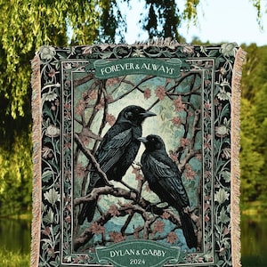 Personalized &#39;Forever & Always&#39; Woven Blanket | Crow Core Couple Aesthetic Woven Throw Custom Dating Gift Gothic Raven Tapestry Witchy |