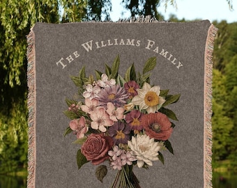Birth Flower Bouquet Blanket Custom Family Names Gift for Family Birth Flower Garden Woven Throw Blanket Gift from Grandkids Nana's Garden