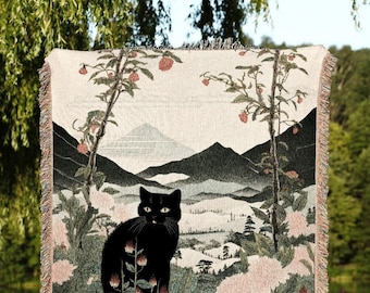 Vintage Cat Tapestry Blanket Woven | Japanese Tapestry Boho Room Decor Blanket | Autumn Decor Tapestry Black Cat Blanket Dorm Room Decor