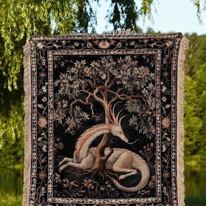 Folklore Dragon Woven Blanket | Medieval Aesthetic Fairytale Inspired Wall Art Cottagecore Style Fairycore Woven Throw Tapestry Botanical |