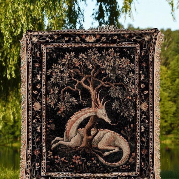 Folklore Dragon Woven Blanket | Medieval Aesthetic Fairytale Inspired Wall Art Cottagecore Style Fairycore Woven Throw Tapestry Botanical |