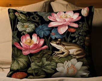 Goblincore Frog Throw Pillow | Mushroomcore Pillow William Morris Inspired Frog Decor Crowcore Pillow Fairy Aesthetic Pillow Dark Woodland