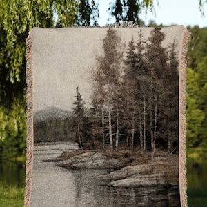 Misty Shores Tapestry Woven Blanket Fall Cabin Decor Wall Tapestry Woven Housewarming Gift | Cozy Blanket Autumn Aesthetic Home Decor Rustic