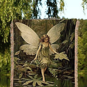 Woodland Dryad Fairy Blanket | Fairytale Aesthetic Celestial Wall Art Witchy Cottagecore Decor Art Nouveau Tapestry Blanket Fairycore Decor