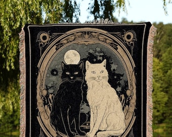 The Lovers Tarot Cat Blanket | Cat Couple Tarot Tapestry Personalized Anniversary Gift | Celestial Art Nouveau Tarot Card Custom Couples Art