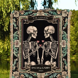 Dark Academia Skeleton Couple Blanket | Custom Woven Tapestry Gothic Wedding Anniversary Gift Personalized Meaningful His & Hers Blanket |