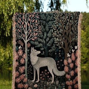 Nordic Wolf Tapestry Woven | Scandinavian Folk Art Blanket Woven Tapestry William Morris Style Woodland Decor Dark Cottagecore Wolf Boho Art