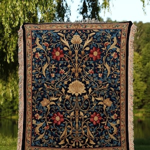 Dark Floral Tapestry Woven | Vintage Folk Art Blanket Woven Tapestry William Morris Art Woodland Gothic Decor Dark Cottagecore Aesthetic Art