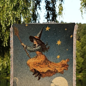 Broomstick Witch Tapestry Woven Blanket Halloween Retro Aesthetic | Witchy Room Decor Goth Aesthetic Halloween Spooky | Antique Halloween