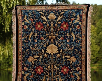 Dark Floral Tapestry Woven | Vintage Folk Art Blanket Woven Tapestry William Morris Art Woodland Gothic Decor Dark Cottagecore Aesthetic Art