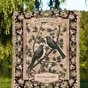 Couples Anniversary Blanket Custom | Crowcore Couple Aesthetic Woven Throw Custom Dating Gift &#39;Til Death do us Part&#39; Raven Tapestry Witchy |