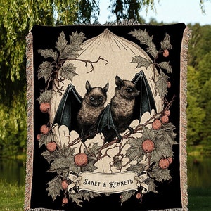 Vintage Bat Blanket Personalized Couples Gift Gothic Wedding Custom Blanket Woven | Gift for Goth Couples Holiday Bat Blanket Gothic Decor