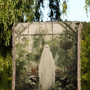 Greenhouse Ghost Vintage Halloween Blanket Woven | Botanical Tapestry Vintage Ghost Art Woven Tapestry Halloween Decor Dark Academia Blanket