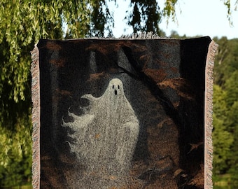 Macabre Decor Vintage Ghost Blanket Halloween | Fall Aesthetic Vintage Ghost Art Woven Tapestry Halloween Decor Dark Academia Ghost Blanket