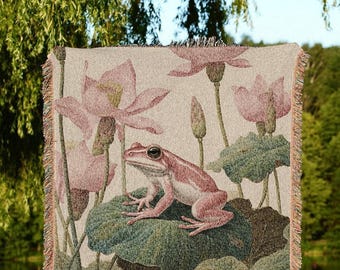 Pink Frog Tapestry Woven Wall Art Whimsigoth Decor | Vintage Frog Blanket Woven Throw Pastel Cottagecore Decor Frog Lover Gift Goblincore |