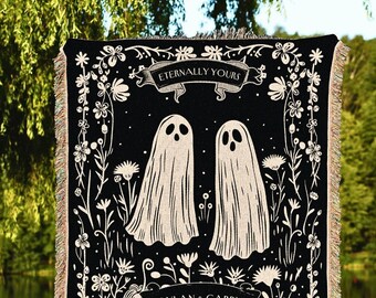 Cute Celestial Ghost Blanket Personalized | Dark Academia Custom Ghost Couple Tapestry Woven Throw His & Her Gift for Girlfriend Meaningful