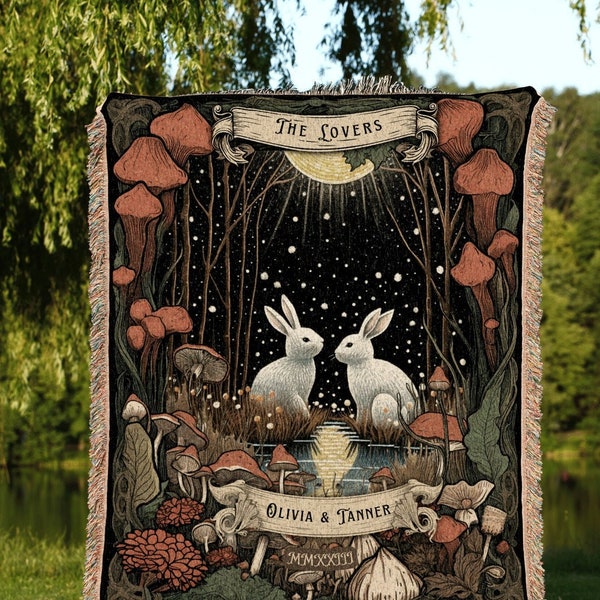 Custom 'The Lovers' Throw Blanket | Woodland Wedding Gothic Rabbit Blanket Custom Couples Tapestry Personalized Mr & Mrs Anniversary Throw |