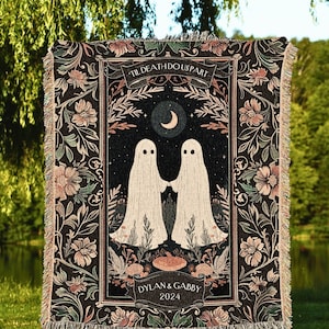 Boho Ghost Couple &#39;Till Death Do Us Part&#39; Tapestry | Personalized Gothic Wedding Blanket Woven Ghost Gifts His & Hers Anniversary Gifts |