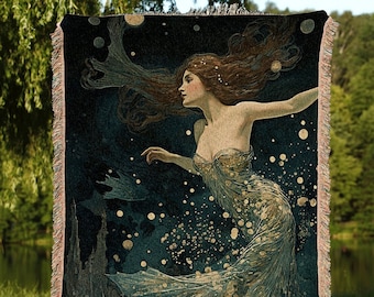 Mythological Mermaid Tapestry | Mermaid Aesthetic Celestial Wall Art Cottagecore Decor Art Nouveau Tapestry Woven Blanket Fairycore Decor |
