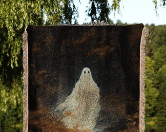 Woodland Spirit Tapestry Blanket Halloween Art | Fall Aesthetic Vintage Ghost Art Woven Tapestry Halloween Decor Dark Academia Blanket Goth