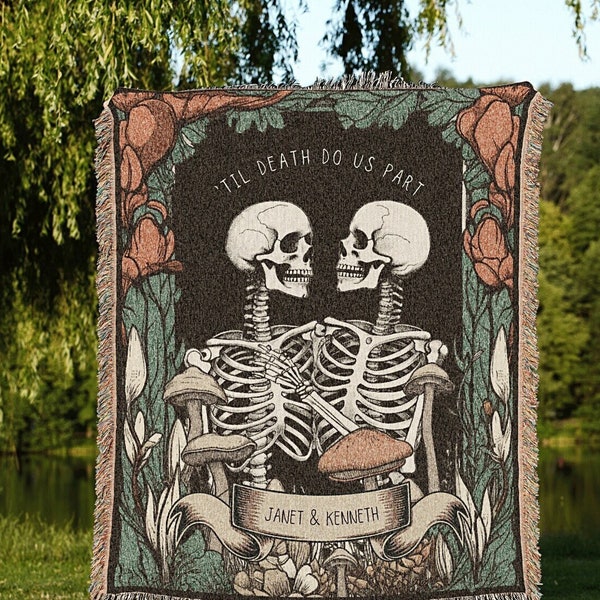 Skeleton Couple Custom Gift 'Til Death Do Us Part' Personalized Tapestry | Gothic Wedding Custom Blanket Woven | Spooky Wedding Gift Custom