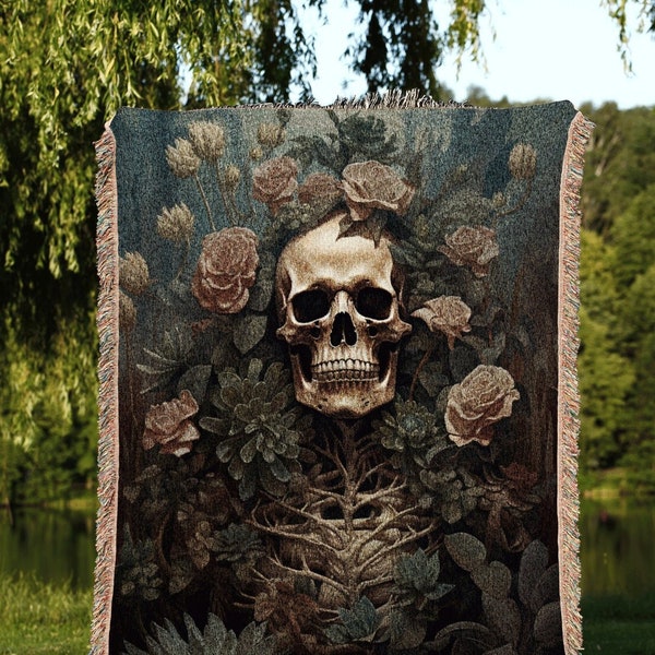 Dark Botanical Skeleton Art Tapestry Woven Throw Blanket Vintage | Dark Academia Wall Decor Skeleton Painting Gothic Tapestry Floral Gothic