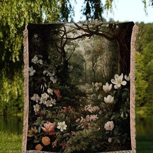 Dark Woodland Tapestry Blanket | Whimsigoth Wall Art Woven Blanket Victorian Gothic Aesthetic Tapestry Woven Botanical Fairy Decor Aesthetic