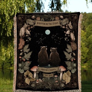 Written in the Stars Custom Blanket | Cottagecore Wedding Couple Woven Throw Bear Blanket Couples Astrology Personalized Throw Woodland |