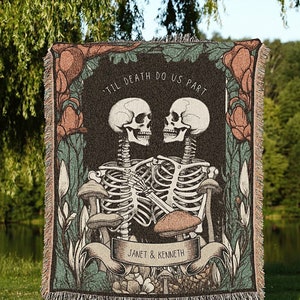 Skeleton Couple Custom Gift &#39;Til Death Do Us Part&#39; Personalized Tapestry | Gothic Wedding Custom Blanket Woven | Spooky Wedding Gift Custom