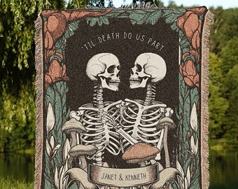 Skeleton Couple Custom Gift &#39;Til Death Do Us Part&#39; Personalized Tapestry | Gothic Wedding Custom Blanket Woven | Spooky Wedding Gift Custom