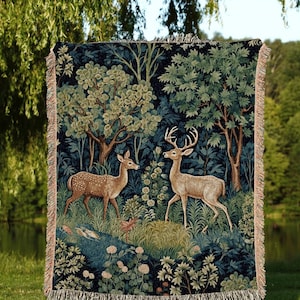 Mystic Woodland Tapestry Woven | Folk Art Blanket Woven Tapestry William Morris Throw Dark Woodland Mystic Aesthetic Bedding Light Academia