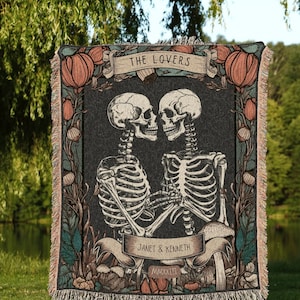 The Lovers Skeleton Woven Throw Blanket Custom Couple Anniversary Blanket, Custom Tarot Tapestry Gothic Wedding Gift His & Hers Name Blanket