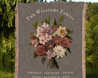 Birth Flower Bouquet Blanket Custom Family Names Gift for Family Birth Flower Garden Woven Throw Blanket Gift from Grandkids Nana&#39;s Garden