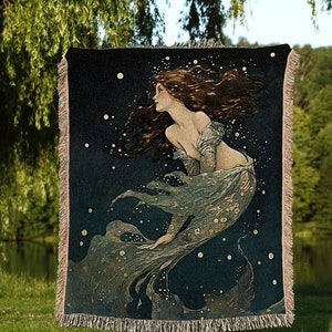 Celestial Mermaid Tapestry | Mermaid Aesthetic Celestial Wall Art Cottagecore Decor Art Nouveau Tapestry Woven Blanket Fairycore Decor |